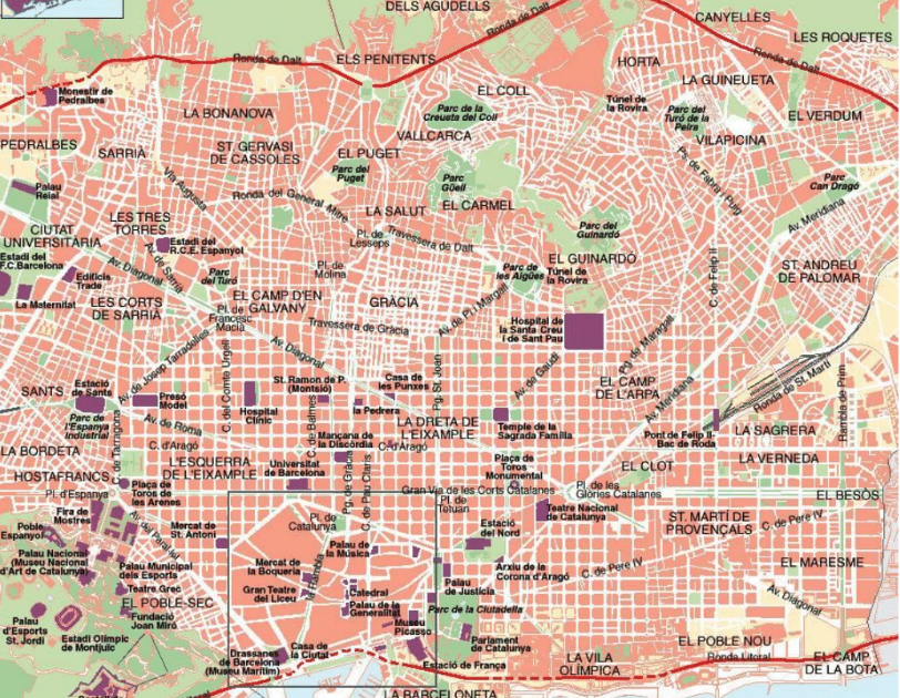 On the map, Barcelona’s old quarter is marked. The street in the middle is the Via Laietana. The office is next to the cathedral and well connected by bus and metro to the rest of the city.
